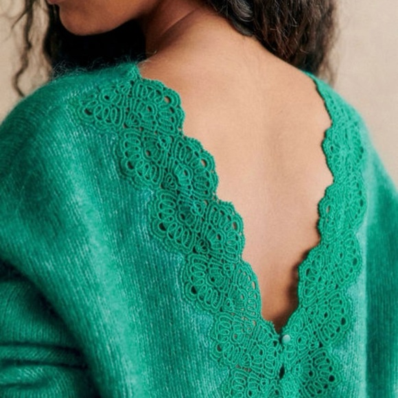 Sezane Sweaters - Sezane Green Scalloped Lace-Back V-Neck Sweater